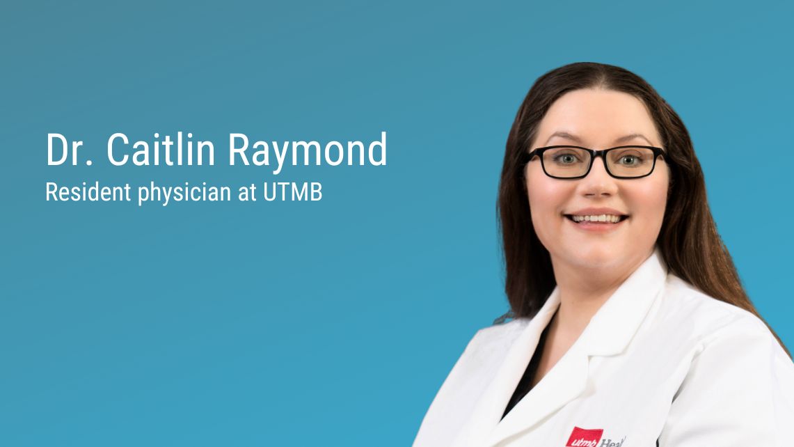 A smiling Dr. Raymond wearing glasses and white physician coat next to her name in white lettering on a light blue background.