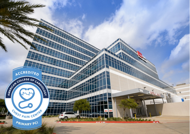 Exterior view of the UTMB Health Clear Lake hospital building with glass façade and palm trees in front. An American College of Cardiology Chest Pain Center accreditation badge appears in the lower left corner.