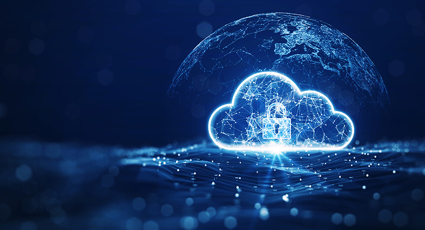 A glowing white cloud outline appears against a dark blue background. Inside the cloud is a padlock.