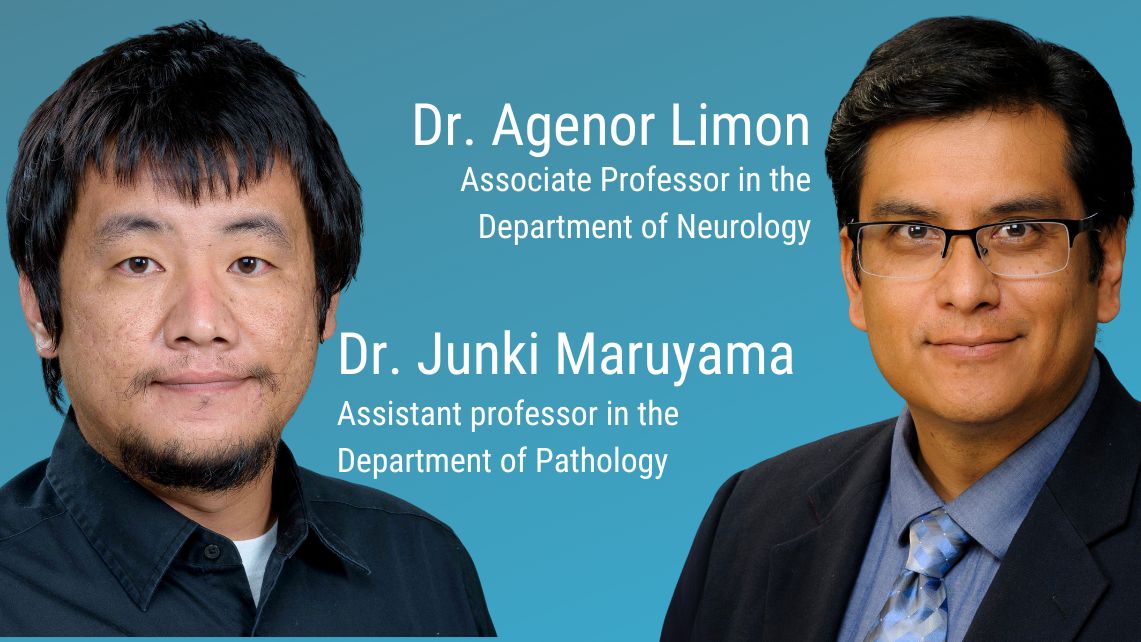 Graphic with two portraits and text identifying UTMB researchers recognized with a Gulf Coast Consortia collaborative research award.