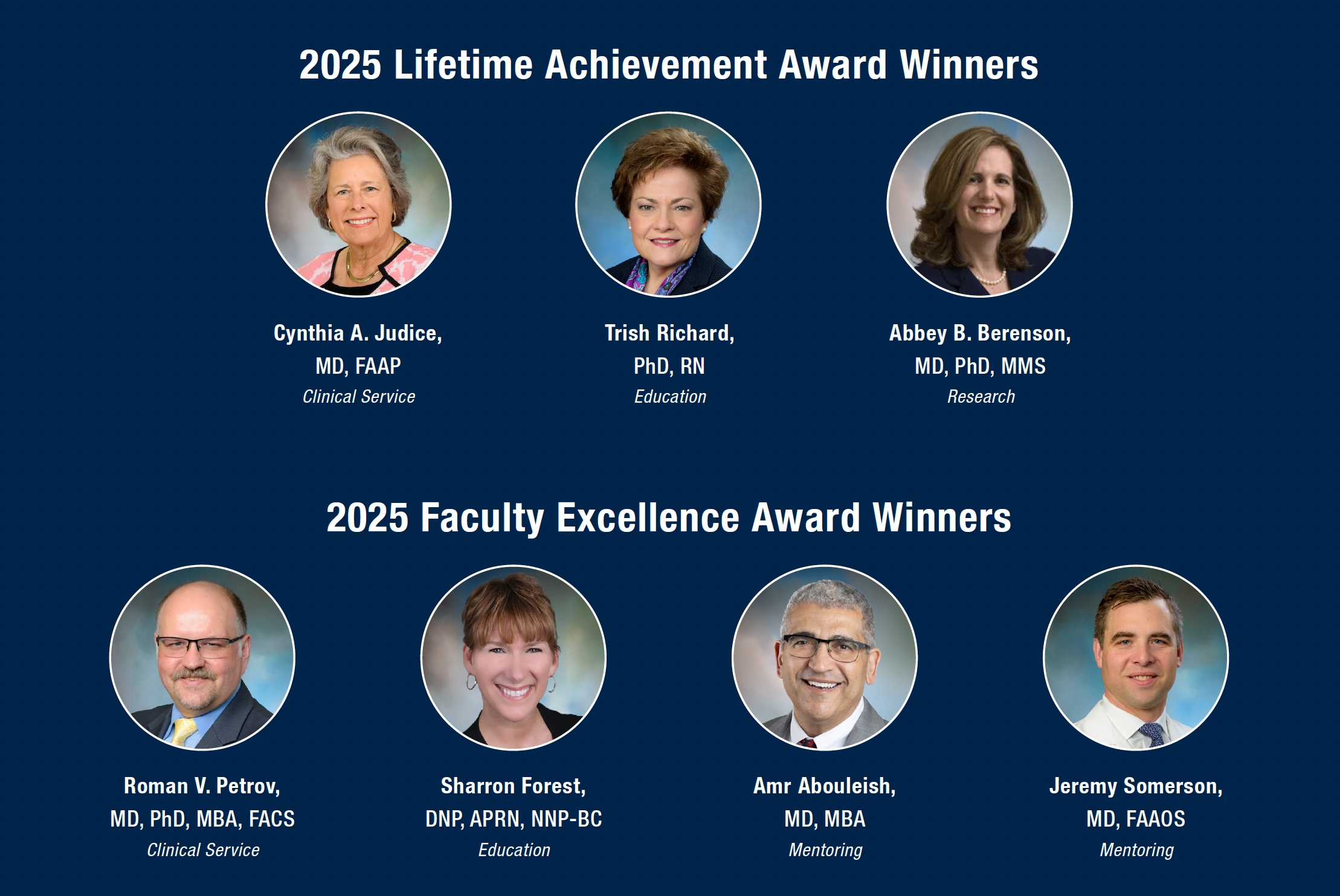 Graphic showing headshots of the seven 2025 UTMB Faculty Excellence Award winners and Lifetime Achievement recipients