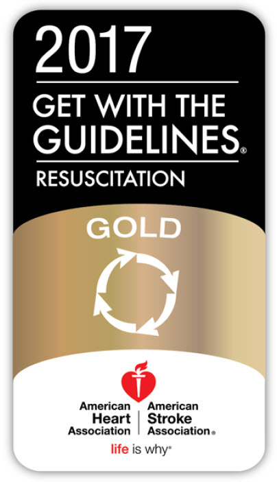 Black-and-gold 2017 Get With The Guidelines–Resuscitation Gold award badge from the American Heart Association and American Stroke Association.