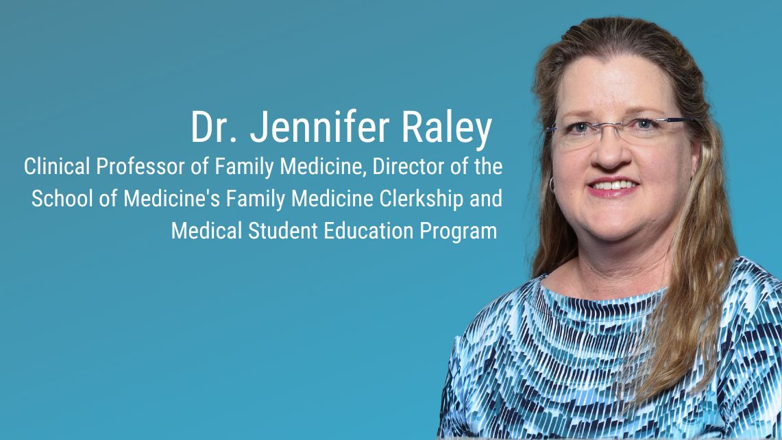 A person stands against a blue background beside text displaying the name and academic titles of Dr. Jennifer Raley.