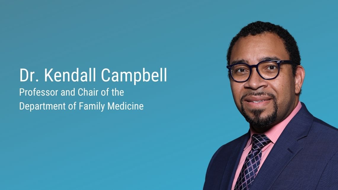 Portrait of Dr. Kendall Marvin Campbell, professor and chair of the Department of Family Medicine at UTMB, against a blue background.
