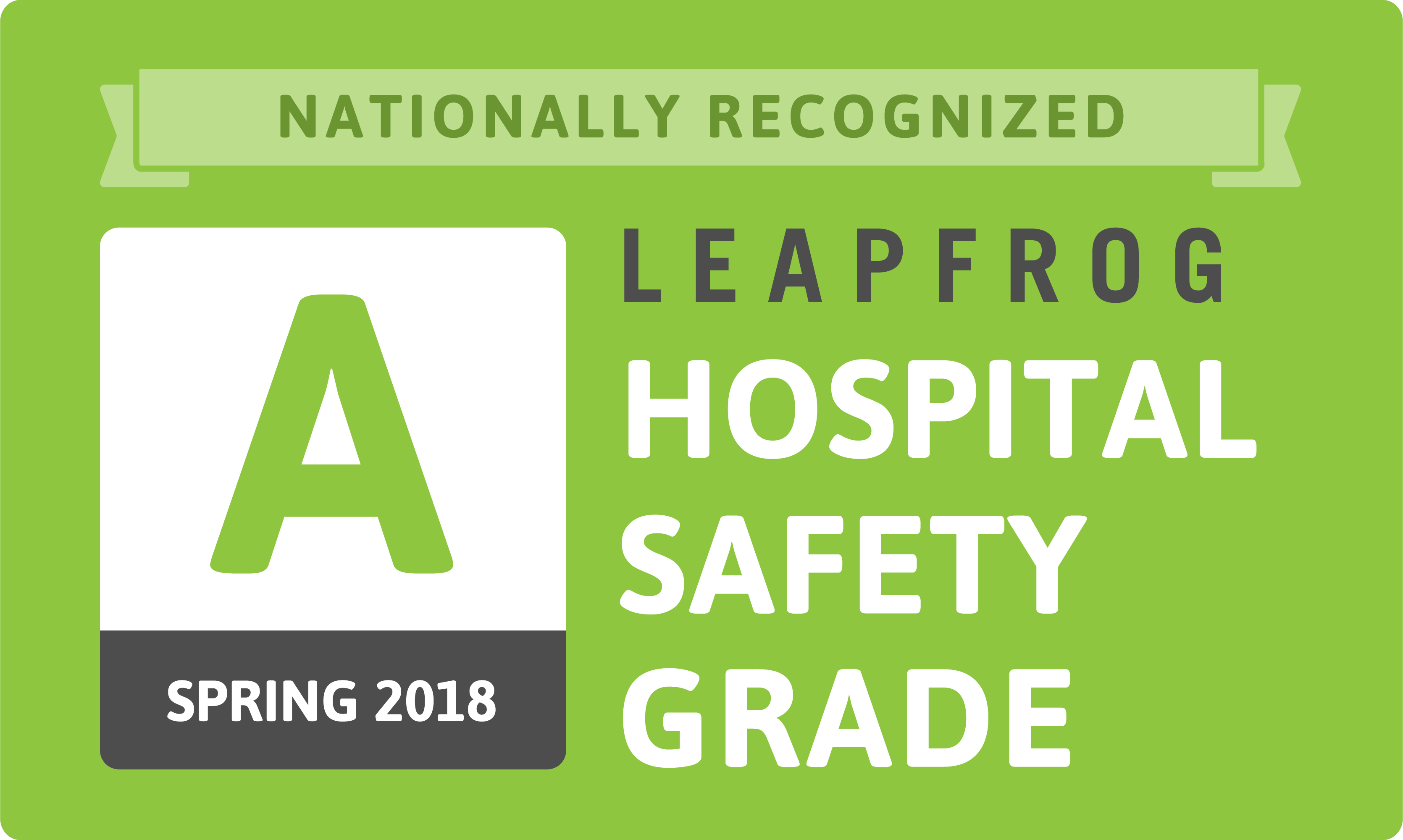 Green graphic displaying an ‘A’ rating with the text ‘Leapfrog Hospital Safety Grade’ and ‘Spring 2018,’ indicating national recognition for hospital patient safety.