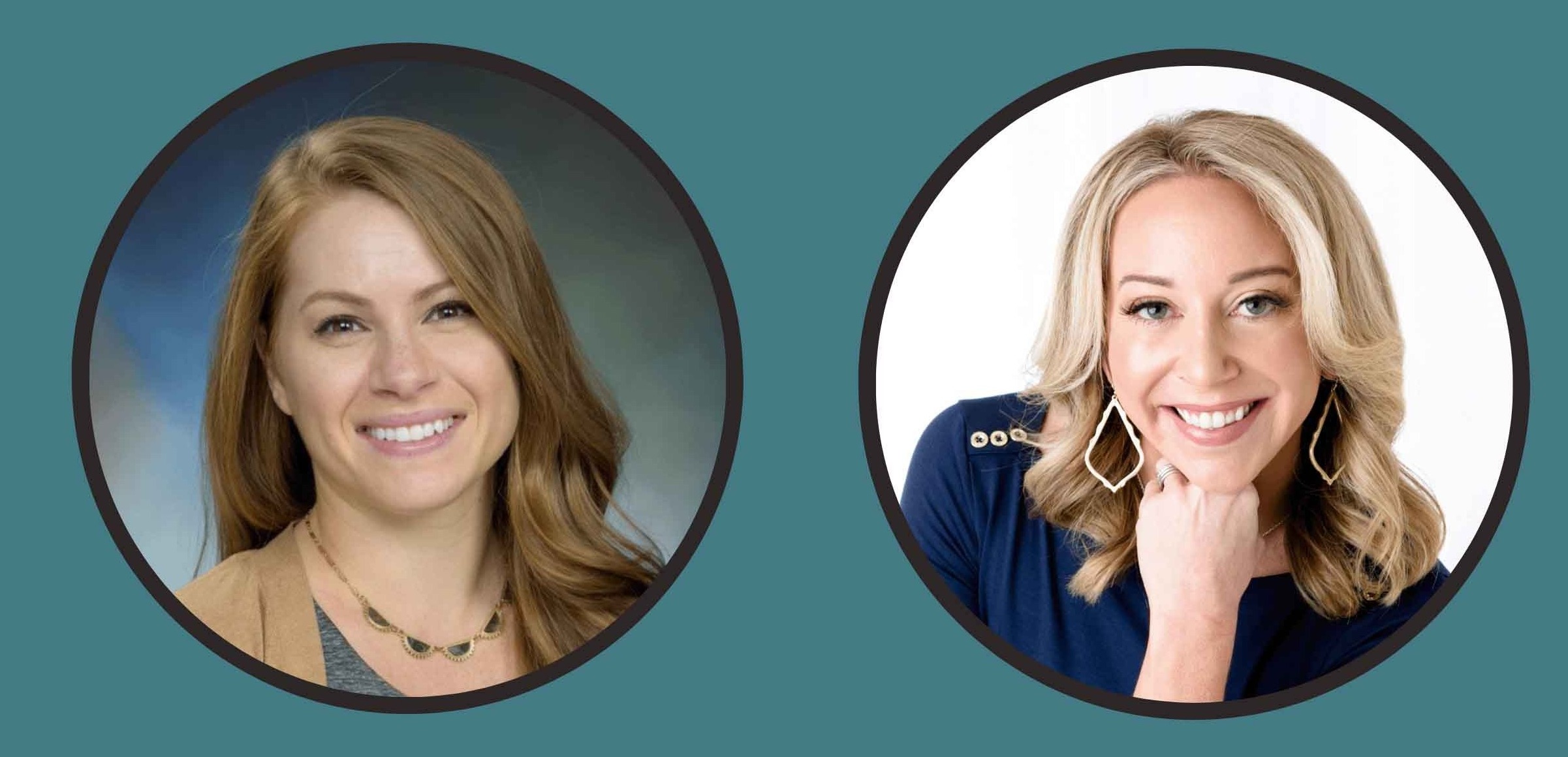Two circular headshot photos displayed side by side on a teal background, showing UTMB Health licensed clinical psychologist Dr. Kim Gushanas and a Houston Moms host as part of a mental health discussion graphic