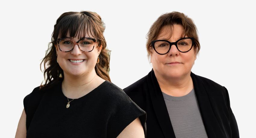 Two women wearing glasses and dressed in black appear in professional headshots.