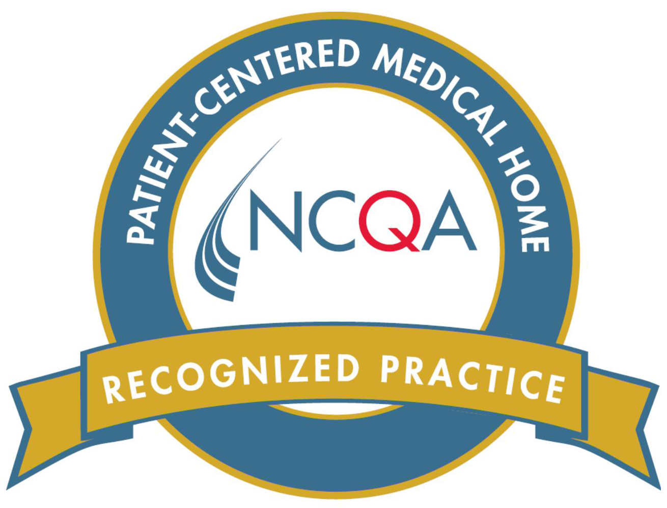 NCQA Patient-Centered Medical Home Recognized Practice badge with a gold ribbon and blue circular border.