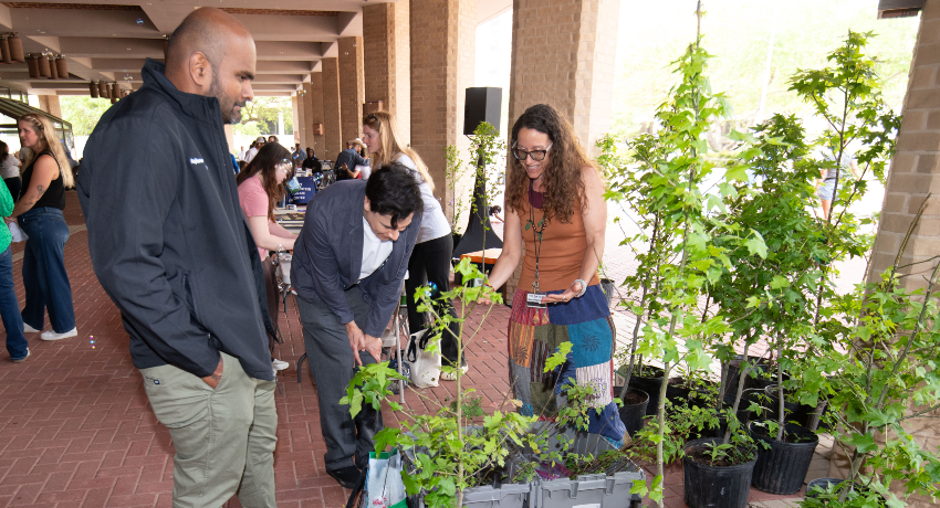 People browse potted plants at a market; a woman gestures while two men examine seedlings, with others and vendor tables in the background.