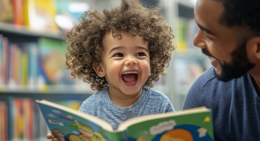 A child and an adult look at an open children’s book together in a library setting, with bookshelves visible in the background.