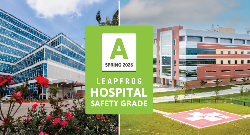 Banner image split vertically between two modern hospital buildings. . Centered over the split is a green badge reading “A Spring 2026 Leapfrog Hospital Safety Grade.”