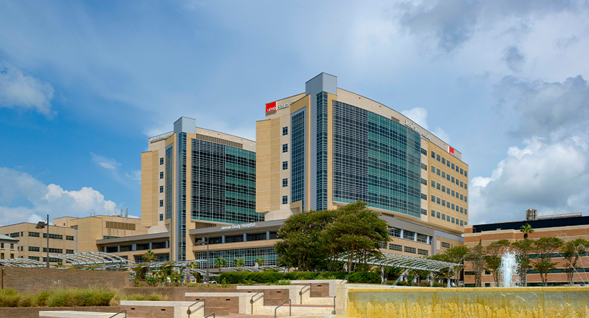 Exterior of Jennie Sealy Hospital with a glass facade, tan brick towers, and a landscaped plaza in the foreground.