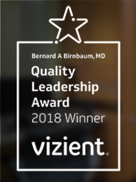 Vertical black-and-gold graphic displaying the Vizient Bernard A. Birnbaum, MD, Quality Leadership Award with text reading ‘2018 Winner’ and the Vizient logo.