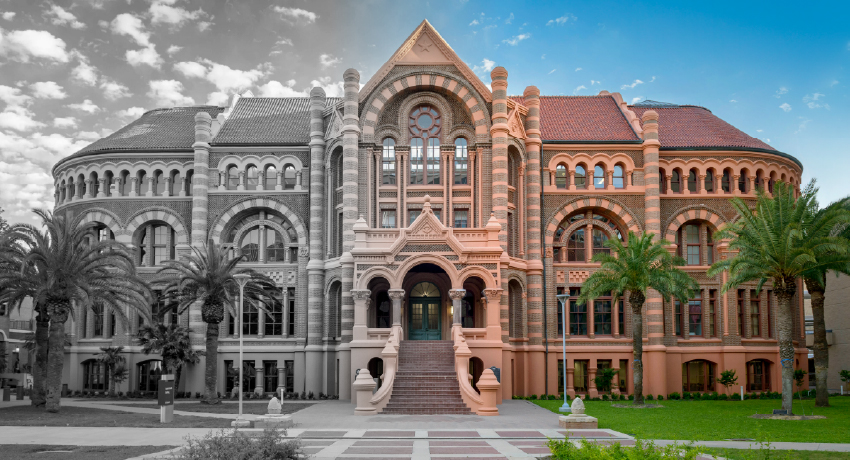 Historic brick building with a central staircase and arched entrance is shown flanked by palm trees and lawn areas. The left half of the building is shown in black and white, transitioning to color on the right half.