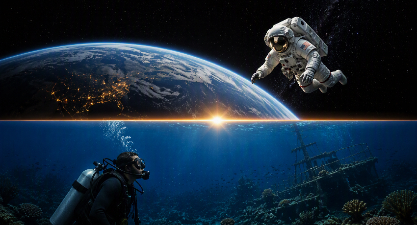 AI-generated composite illustration shows an astronaut floating above Earth in space while a scuba diver explores an underwater shipwreck below the ocean surface, divided by a horizon at sunrise.