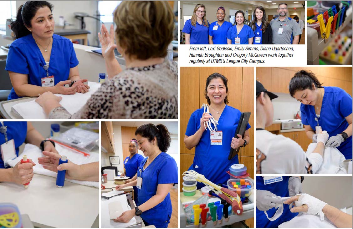 occupational therapist Diane Ugartechea providing hand rehabilitation care, working with patients and colleagues, and using therapy tools at UTMB