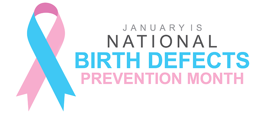 A blue and pink awareness ribbon and text reading “January is National Birth Defects Prevention Month.”