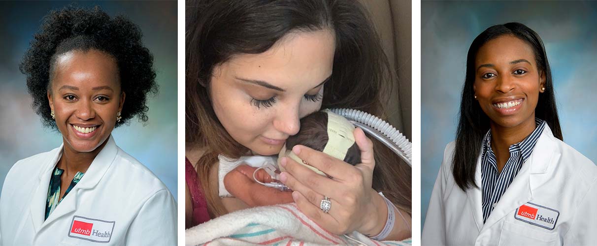 Three images displayed side by side: a clinician in a white coat portrait on the left, a parent holding a newborn with medical tubing in the center, and another clinician in a white coat portrait on the right