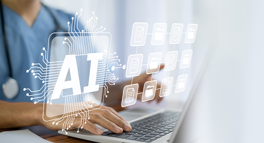 Person wearing blue scrubs uses a laptop with a transparent digital overlay showing the letters “AI” connected to multiple document icons.